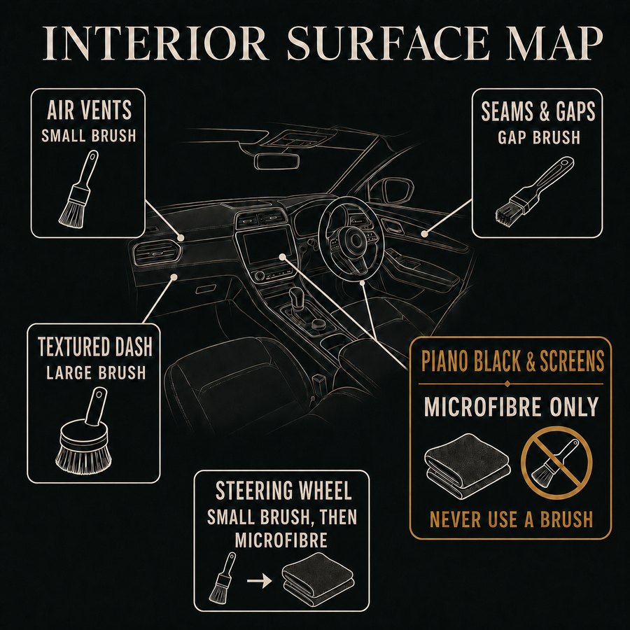The Cabin Co. Interior Surface Map: a diagram of a car cabin showing which tool each surface takes. A small brush for the air vents, the gap brush for seams and gaps, a larger brush for the textured dash, and piano black trim and screens marked microfibre only, never a brush.
